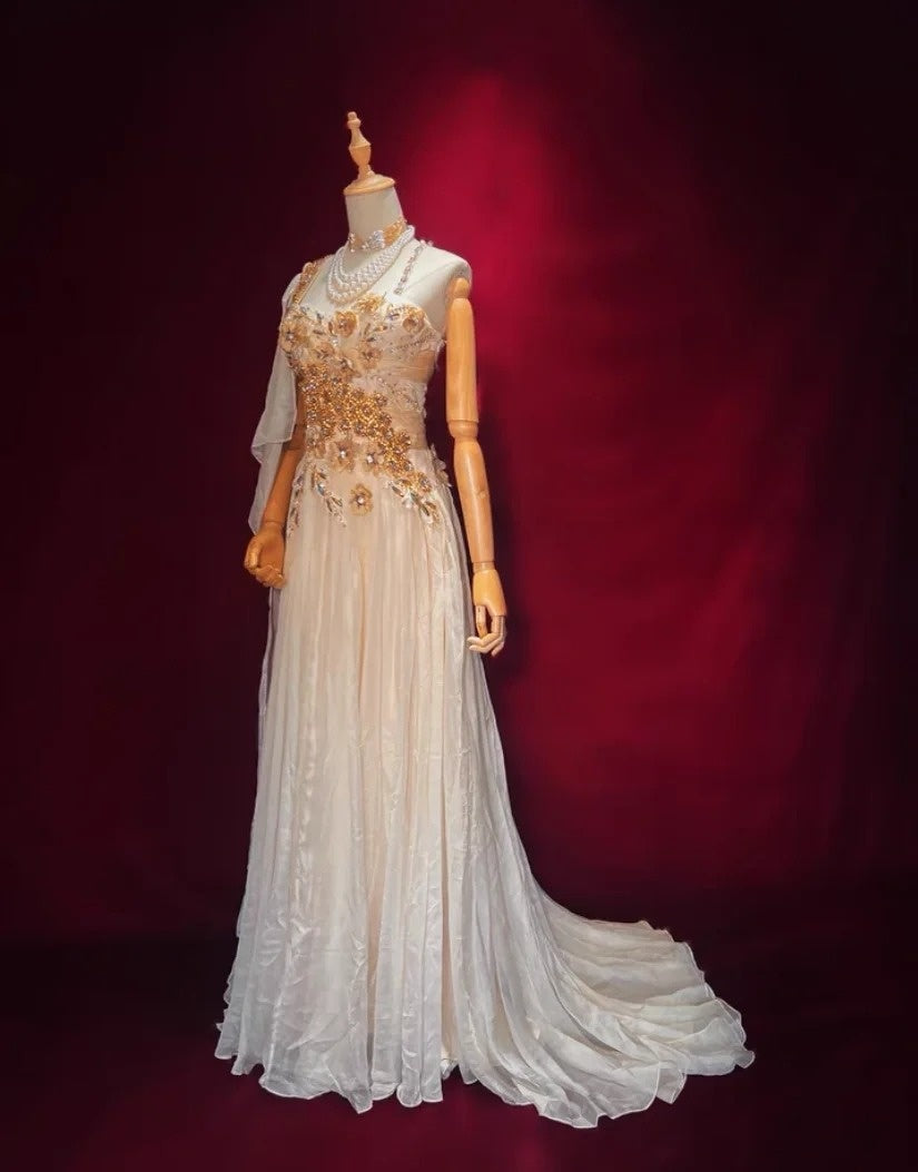 Magnifiques robes de bal ligne A bretelles mousseline de soie champagne clair avec cape tenues de soirée longues N3439