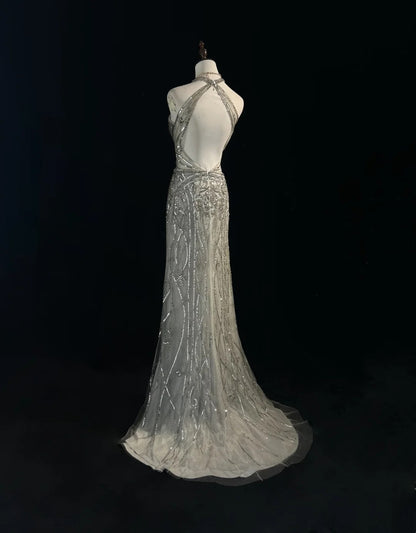 Robes de bal vintage, inspiration sirène, dos nu, col montant, sequin argenté, années 80, robes de soirée N3369
