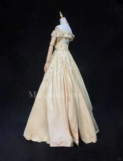 Robes de bal vintage des années 80, robe de soirée, épaules dénudées, couleur champagne avec perles, tenues de soirée N3468