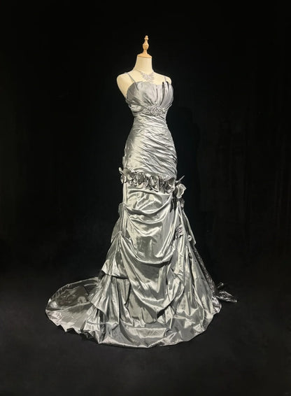 Magnifiques Robes de Bal Sirène Bretelles Fines Gris Argenté avec Fleurs Longues Tenues de Soirée Formelles N3684