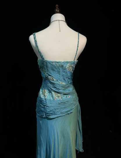 Robes de bal vintage coupe trapèze années 2000 à fines bretelles en mousseline bleue avec perles dentelle longue robe de soirée N2459