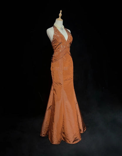 Vintage Abschlussballkleider Meerjungfrau Neckholder Orange Taft mit Perlen 90er Langes Abendkleid N2917