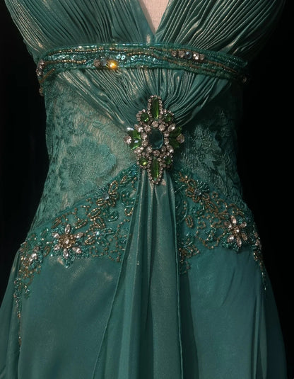 Elegantes A-Linien-Spaghettiträger-Kleid aus blauem Chiffon mit besticktem Oberteil, langes Ballkleid N2724