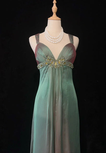 Vintage Ballkleider A-Linie Sweetheart Mit Trägern Grün Chiffon Ärmellos 1990er Lange Formelle Abendkleid N2634
