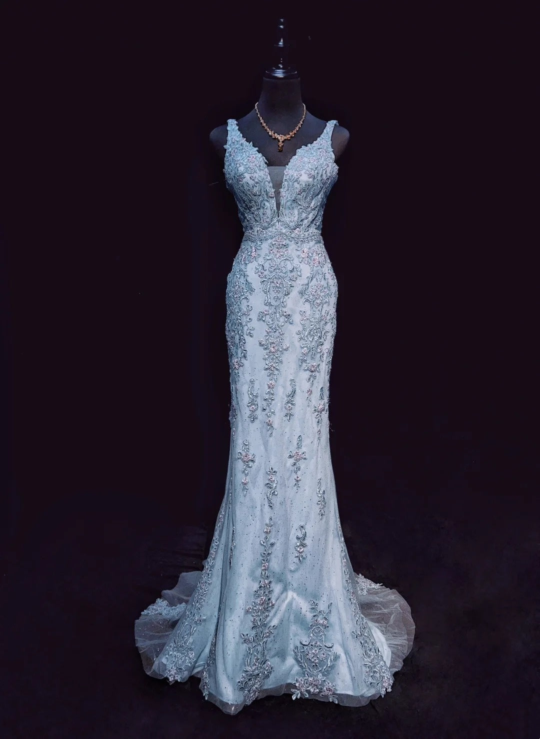 Vintage Abschlussballkleider Inspo Meerjungfrau V-Ausschnitt Hellblau Lang 1990er Mit Spitzenapplikationen Formelle Kleider N3359