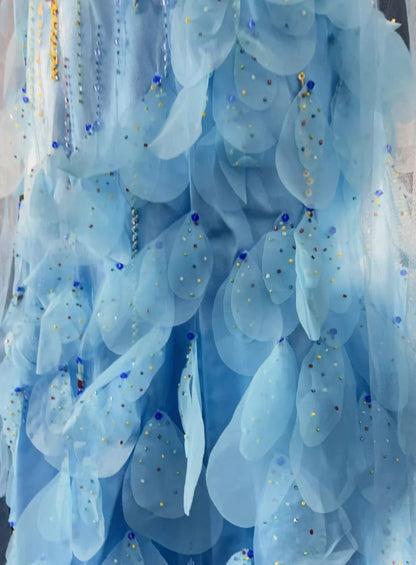 Robe De Soirée Longue De Bal De Promo En Chiffon Bleu Fourreau Chic À Bretelles Fines Et Corsage Perlé N2727