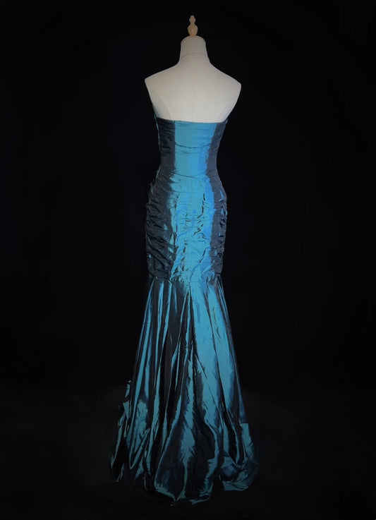 Belles Robes de Bal Sirène Bustier Bleu avec Corsage Volanté Longues Tenues de Soirée N3358