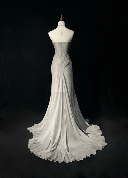 Vintage 90er Abschlussballkleider Etui Herz-Ausschnitt High-Low Silbergrau Chiffon Langes Ballkleid N3020