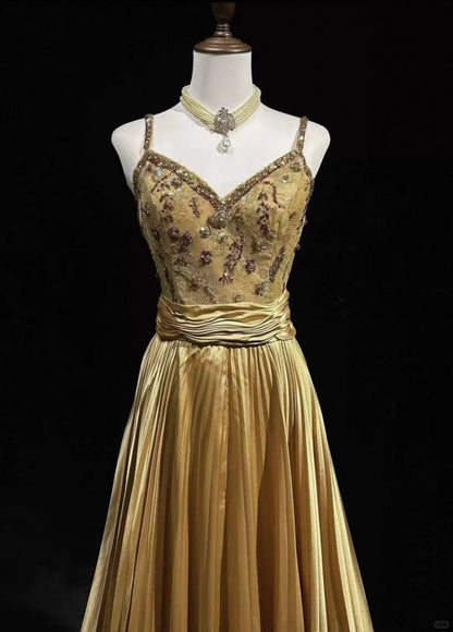 Robes de bal vintage des années 1950, coupe trapèze, bretelles fines, satin doré avec perles, sans manches, tenues de soirée formelles RB4335