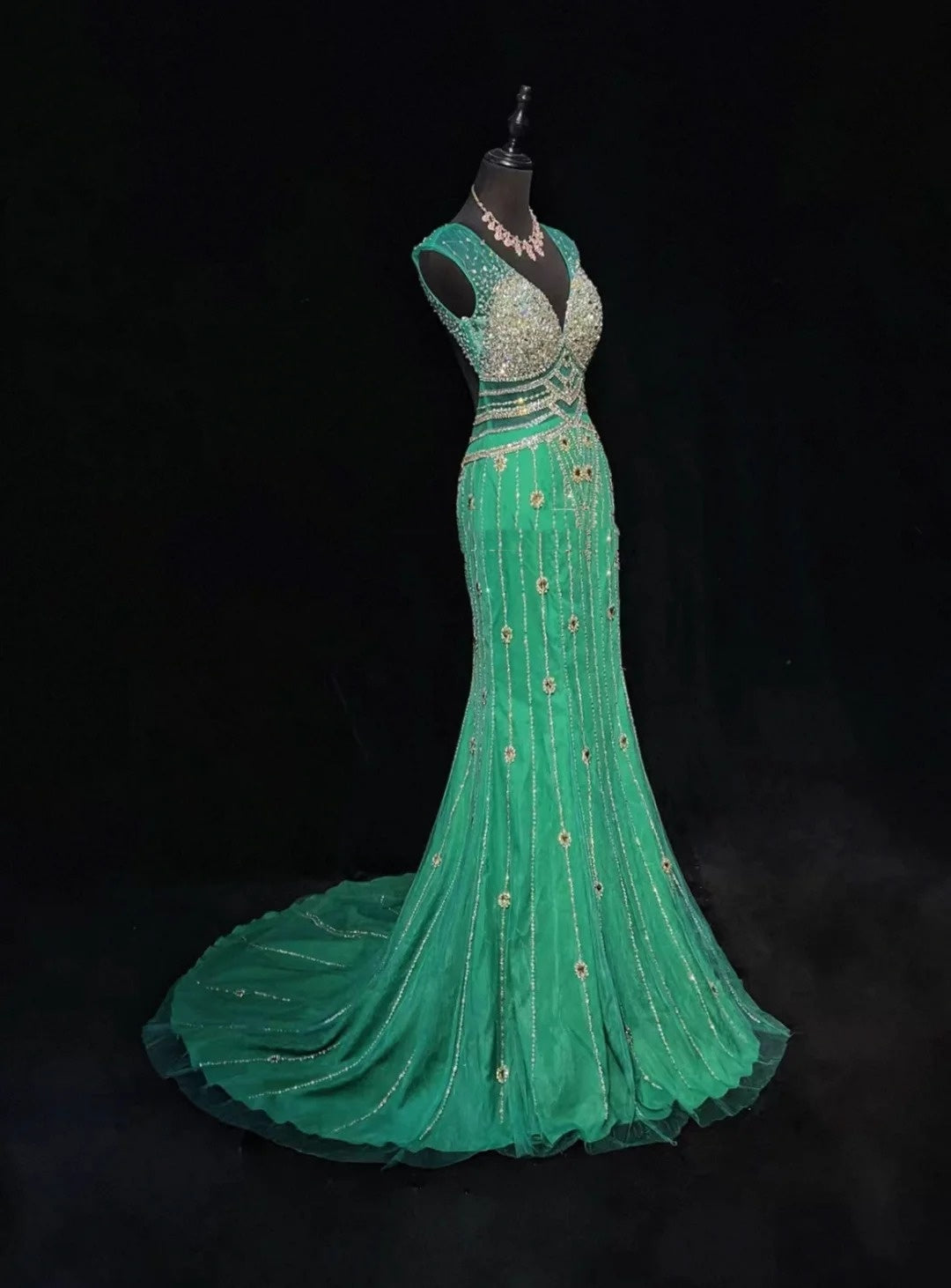 Vintage Sirène Col en V Vert Dos Nu Robes de Soirée Longues de Bal Tenues Formelles RB3941