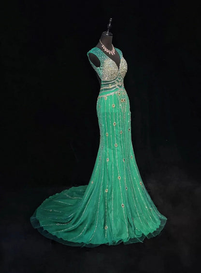 Vintage Sirène Col en V Vert Dos Nu Robes de Soirée Longues de Bal Tenues Formelles RB3941