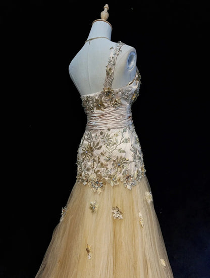 Vintage Meerjungfrauen-Abschlussballkleider, One Shoulder Tüll, Gold, 90er Jahre mit Applikationen, Ballkleider N3343