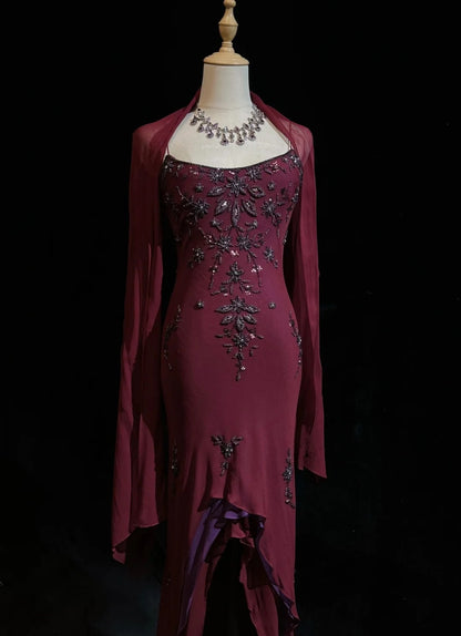 Robes de bal uniques, coupe asymétrique, bretelles fines, bordeaux, sans manches, avec perles, robe de soirée semi-formelle N3794