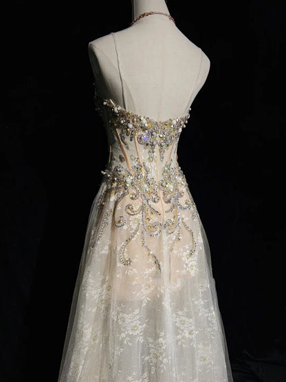 Robes de bal vintage des années 90, ligne A, bretelles spaghetti, tulle champagne, longues tenues de soirée semi-formelles N3651