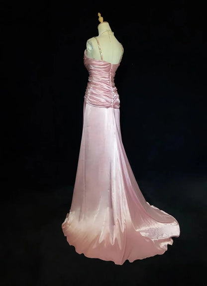 Robes de bal vintage des années 80 sirène à fines bretelles en satin rose longues tenues de soirée N3479