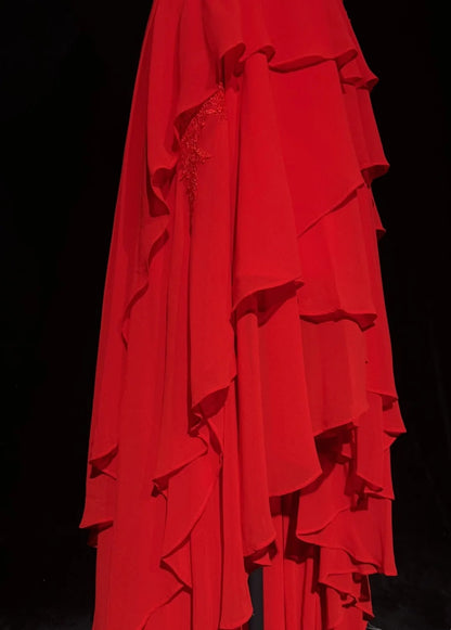 Vintage Abschlussballkleider A-Linie Sweetheart Rot 70er Jahre mit Rüschen Chiffon Langes festliches Partykleid N2524