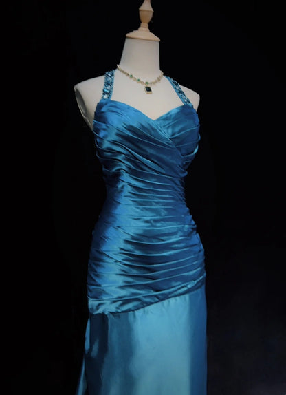 Robe de bal vintage Inspo sirène licou satin bleu longue années 90 avec des robes de soirée plissées N3356