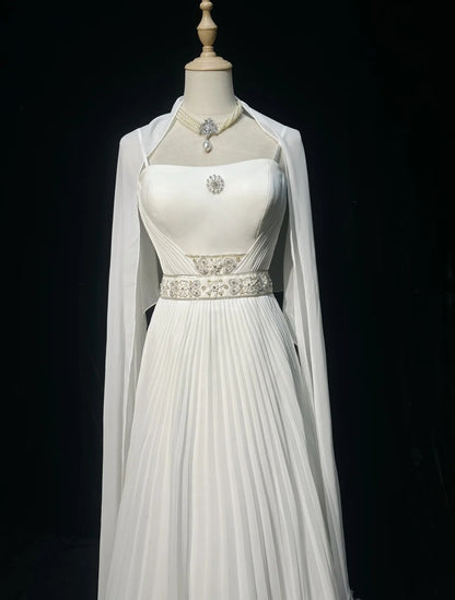 Robes de mariée vintage années 90, coupe trapèze, à fines bretelles, blanches unies, pour mariage estival en jardin, longue robe de mariée N3721
