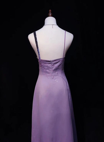 Vintage Abschlussballkleider A-Linie Lila Satin Ärmellos 70er Perlen Festliches Kleid N2568