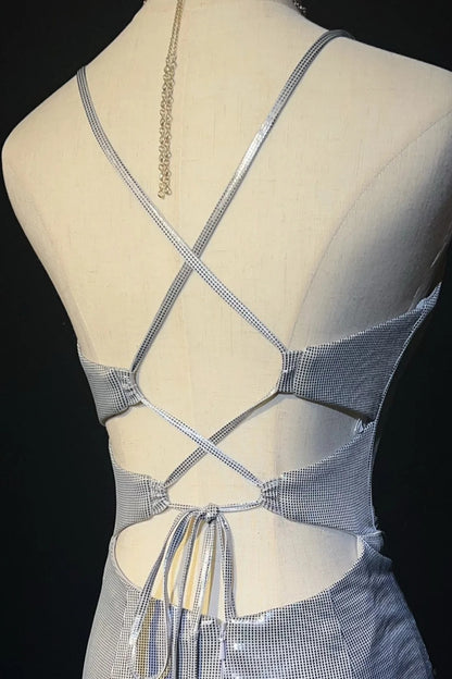 Inspirations Robes de Bal Vintage Sirène Bretelles Spaghetti Argent Dos Nu Années 80 Longue Robe de Soirée N2741
