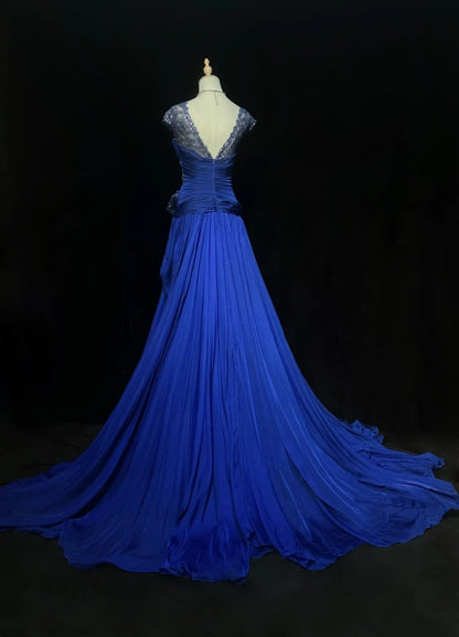 Robes de bal élégantes coupe trapèze col rond bleu roi mousseline dentelle perlée longue robe de soirée N2916