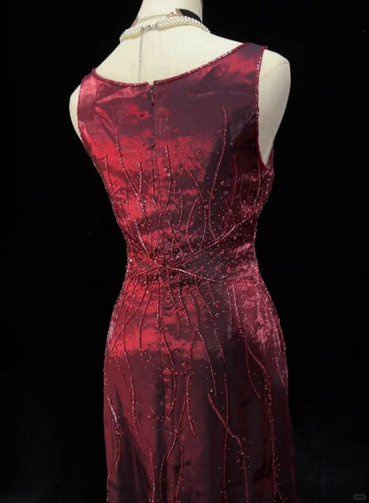 Vintage 90s Prom Dresses A Line Square Neck Burgundy Taffeta With Beads Long Prom Gown N3030