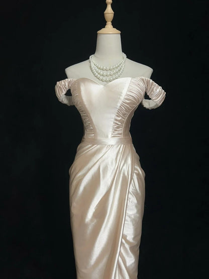 Robes de bal vintage des années 90, sirène, épaules dénudées, en satin champagne, longue robe de bal N3010