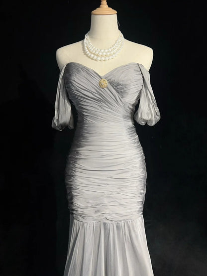 Robes de bal sirène modestes, en mousseline de soie grise avec manches, épaules dénudées, robe de soirée formelle N3847