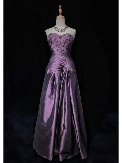 Vintage Ballkleider Abschlussballkleid Herzform Lila Taft 80er mit Spitze Lange Formelle Abendgarderobe N3892