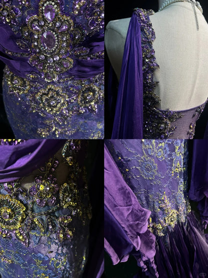 Vintage Prom Dresses 90s Mermaid Square Neck Purple Chiffon Long Lace With Beading Evening Formal Outfits RB5142