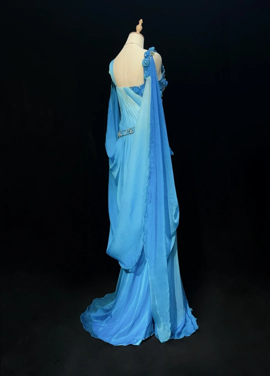 Inspiration Robes de bal Vintage Sirène Col V Bleu Royal Mousseline de Soie avec Fleurs Perles Années 80 Robe de Soirée Longue N2743