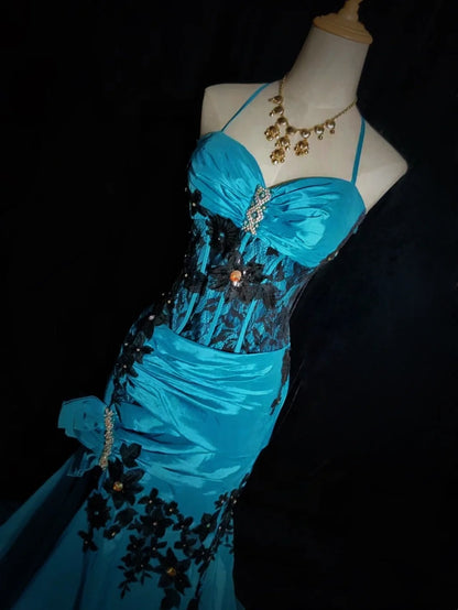 Inspiration Robes de bal vintage Sirène, licol, bleu, noir, dentelle, années 80, avec volants appliqués, robes de soirée N3362