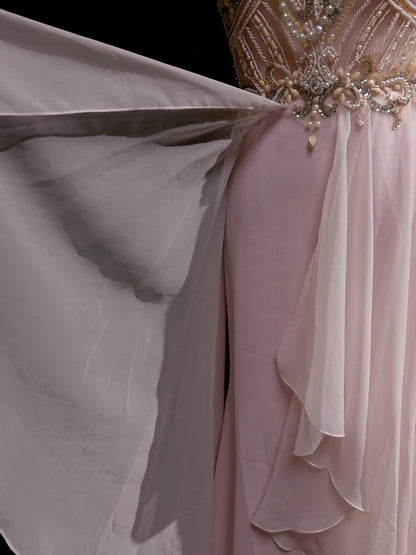Robes Vintage Esthétique Bal de Promo Trapèze Bijoux Perles Rose Chiffon avec Perles Longue Robe de Soirée N3033