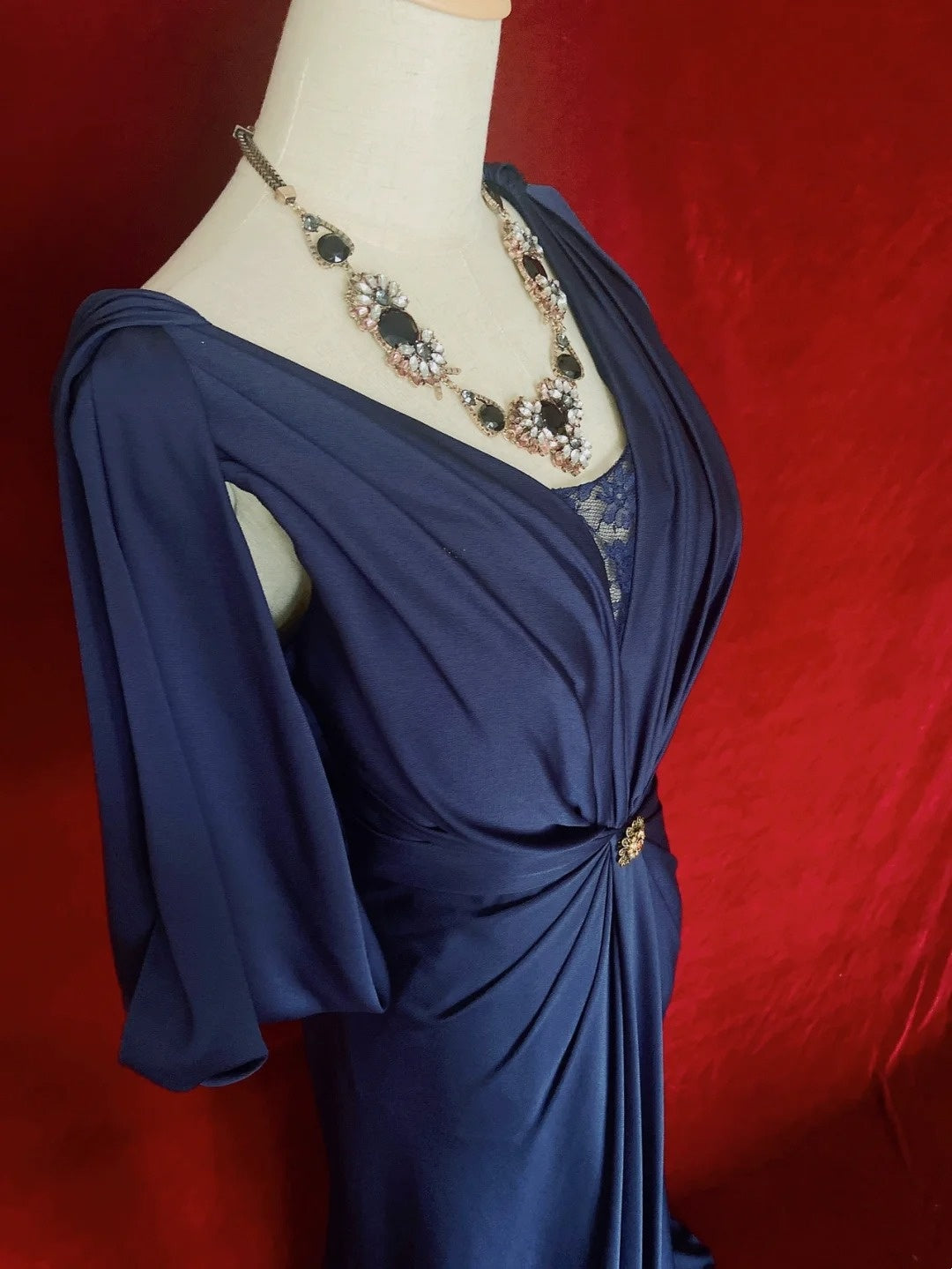 Vintage Prom Dresses 80s Mermaid V Neck Navy Blue Satin Floor Length Evening Outfits N3459