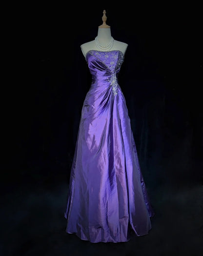 Vintage-Abschlussballkleider Ballkleid Trägerlos Lila mit goldener Spitzenapplikation 80er Jahre Lange Formelle Abendgarderobe N3886