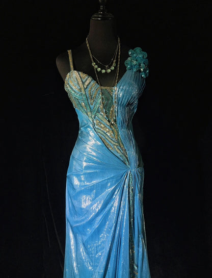 Inspiration robes de bal vintage sirène bretelles sequins bleus longues années 90 avec fleurs robes de soirée N3355