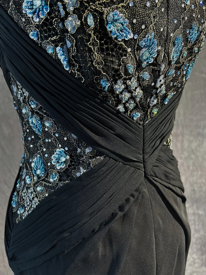 Belles robes de bal Robes sirène col rond robe de soirée mousseline de soie avec bustier perlé longues tenues de soirée N3364
