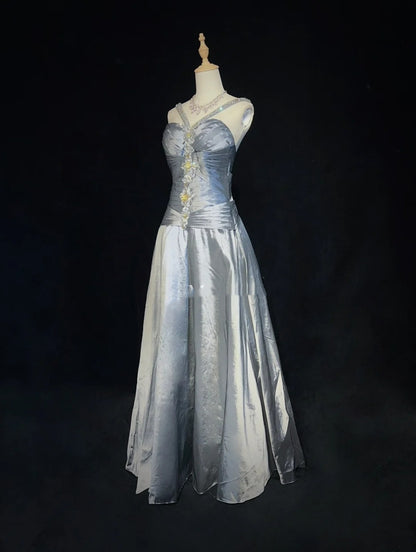 Vintage Prom Dresses Inspo A line Halter Grey Drop Waist Satin 80s Long Formal Gowns With Beads N2863