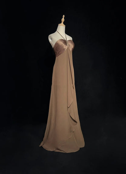 Vintage Prom Dresses A-Linie Neckholder Braun Ärmellos Chiffon 80er Jahre Langes Abendkleid N2759
