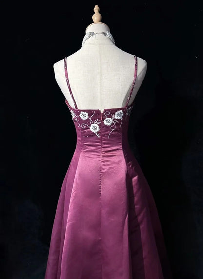 Robes de bal de promo vintage, robe de soirée en satin violet à bretelles spaghetti avec perles, robe de soirée longue style années 1950 N2593