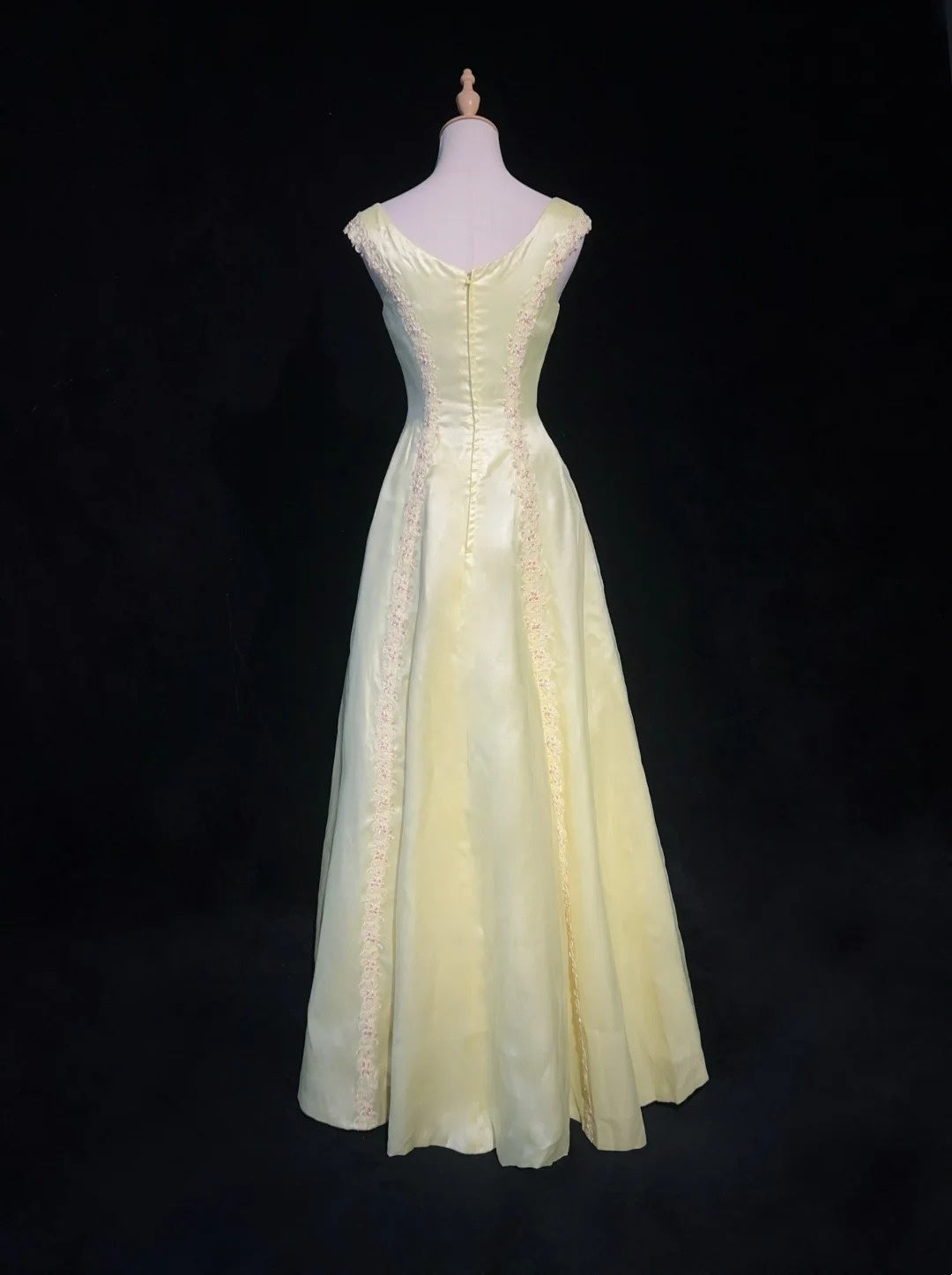 Robes de bal vintage des années 50, rétro chic, coupe trapèze, encolure dégagée, tenues de soirée en satin jaune avec écharpe N3011