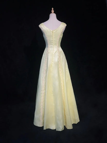 Robes de bal vintage des années 50, rétro chic, coupe trapèze, encolure dégagée, tenues de soirée en satin jaune avec écharpe N3011