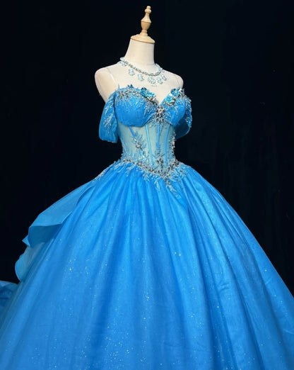 Princess Ball Gown Off The Shoulder Blue Tulle With Appliqued Lace Sweet 16 Dresses Quinceanera Dress RB3289