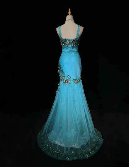 Vintage Ballkleider Inspo Meerjungfrau Träger Tüll Blau Lang 1990er Mit Spitze Applikationen Abendkleider N3360