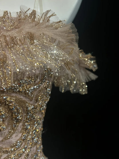 Robes de bal vintage Ligne A Bretelles fines Dentelle dorée Avec manches Robe de soirée formelle années 80 RB3268