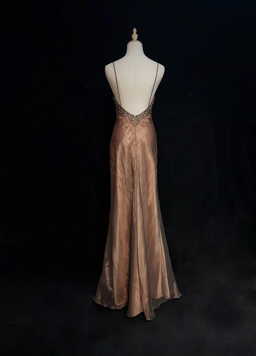 Vintage-Abendkleider Meerjungfrau Spaghetti-Träger Braun Ärmellose Chiffon 80er Jahre Langes Formelles Kleid N2860