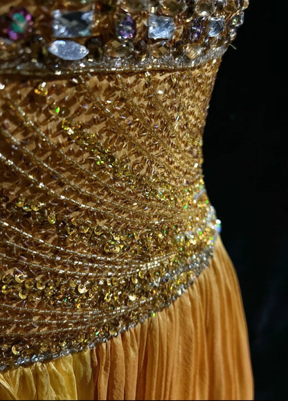 Elegantes A-Linien-Kleid, eckiger Ausschnitt, gelb mit Perlenstickerei, 18. Geburtstag, elegantes Outfit, formelle Ballkleider N4198