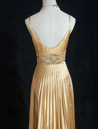 Classy Prom Dresses A Line Spaghetti Strap Gold Satin With Ruffle Beading Long Formal Gown N2900