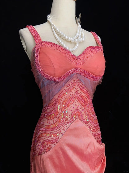 Robes de bal vintage des années 80 sirène bustier en mousseline rose avec perles, tenues de soirée semi-formelles N3635