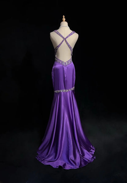 Robes de bal vintage Sirène Bretelles fines Satin années 80 avec perles Dos nu Longue robe de soirée formelle N2515
